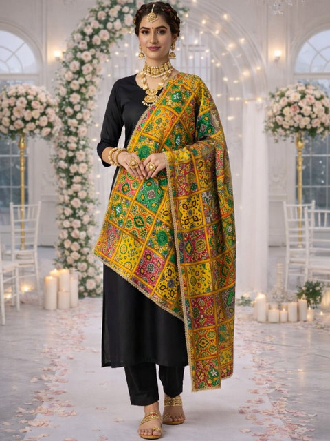 HERE&NOW Ethnic Motifs Printed Kalamkari Dupatta with Gotta Patti