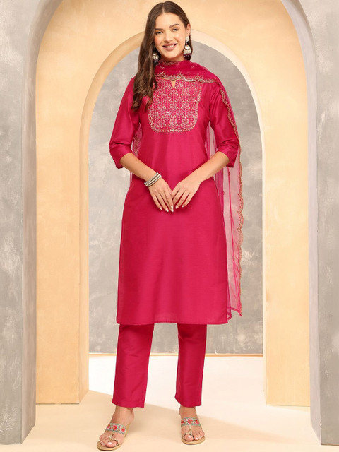 Anouk Women Ethnic Motifs Embroidered Regular Sequinned Kurta with Trousers & With Dupatta