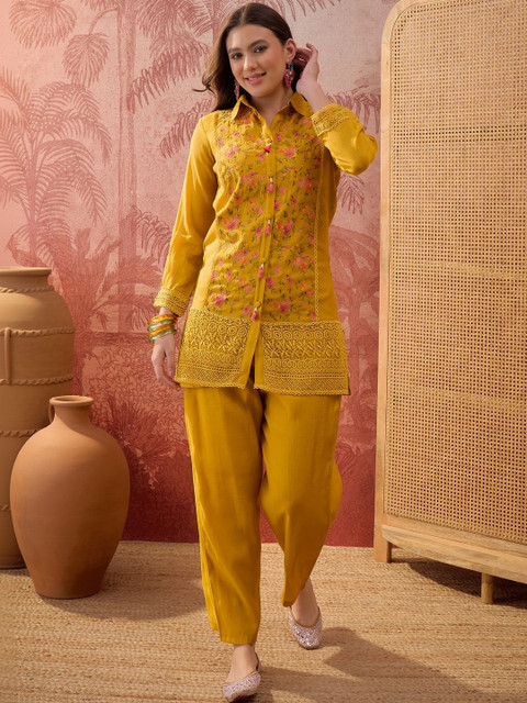 Sangria Indie Florals Chanderi Embroidered Tunic with Trousers