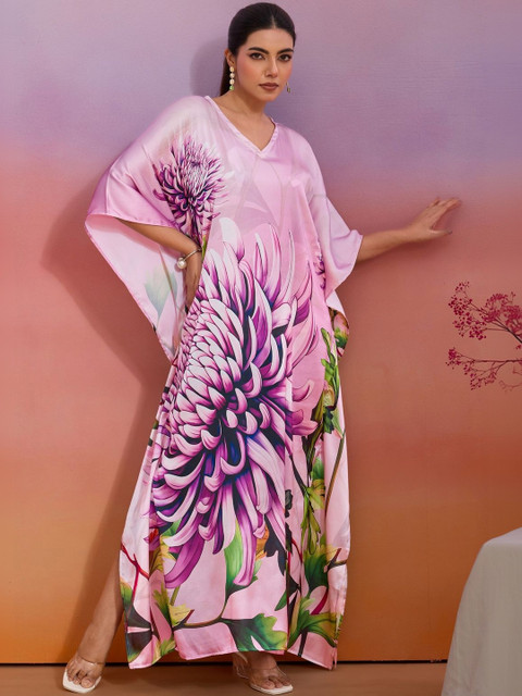 LABEL AARNA Coral Mist Soft Satin Women Kaftan Dress With Digital Print