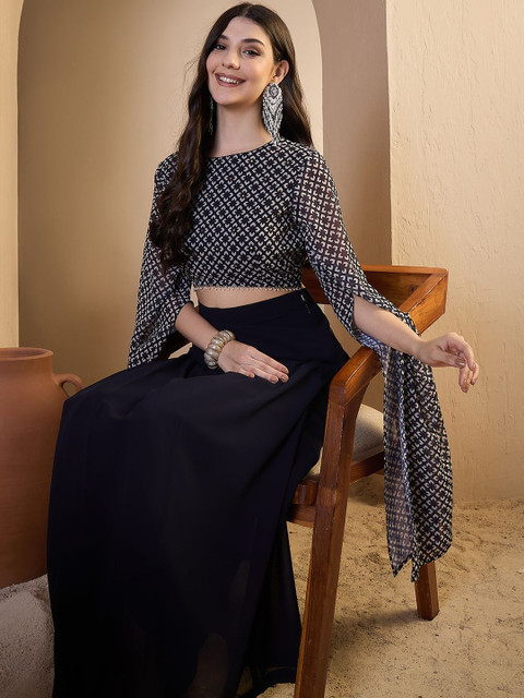 Inddus Women Ethnic Motifs Printed Top with Skirt - Image 3