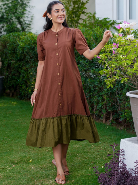 GAYRAA Colourblocked Puff Sleeve A-Line Midi Dress - Image 4