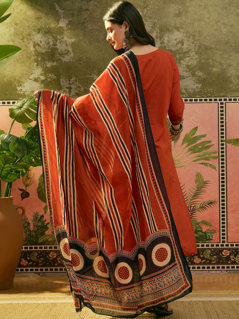 Sangria Embroidered Pure Cotton Round Neck Kurta & Trousers With Dupatta - Image 6