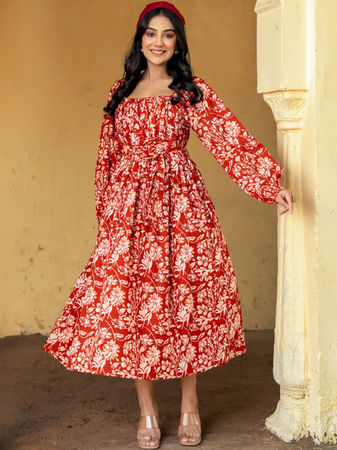 GAYRAA Floral Print Fit & Flare Midi Dress