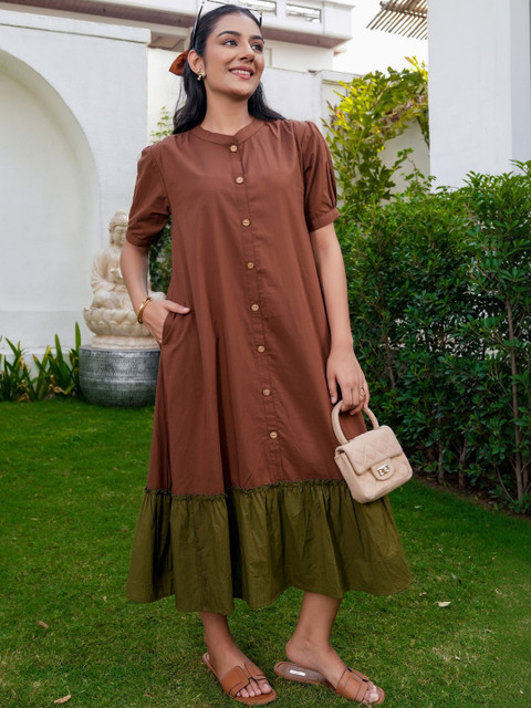 GAYRAA Colourblocked Puff Sleeve A-Line Midi Dress - Image 3