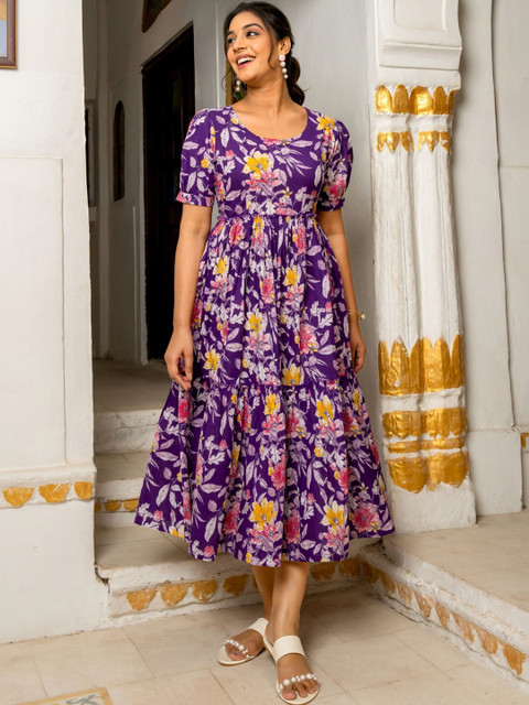GAYRAA Floral Print Puff Sleeve A-Line Midi Dress - Image 3