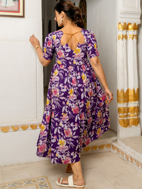 GAYRAA Floral Print Puff Sleeve A-Line Midi Dress - Image 5