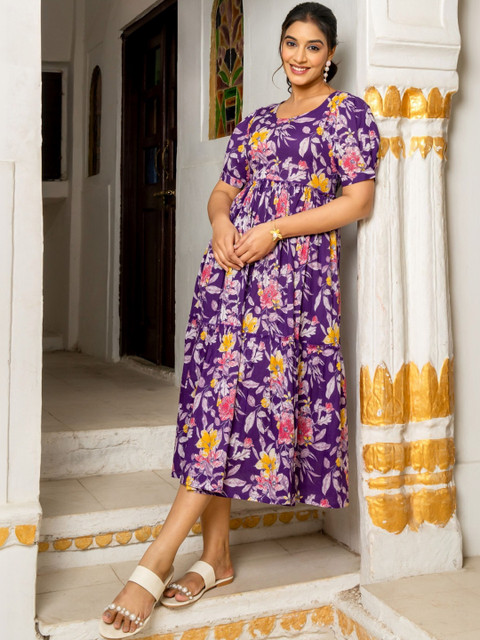 GAYRAA Floral Print Puff Sleeve A-Line Midi Dress - Image 4