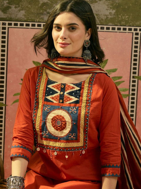 Sangria Embroidered Pure Cotton Round Neck Kurta & Trousers With Dupatta - Image 2