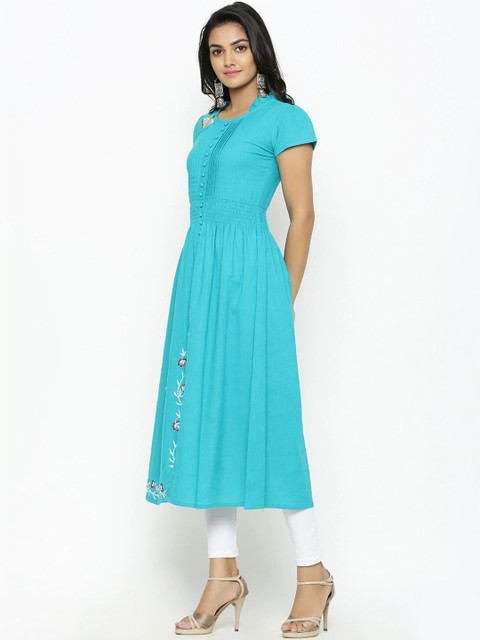 HERE&NOW Women Embroidered Mandarin Collar A-Line Kurta - Image 3