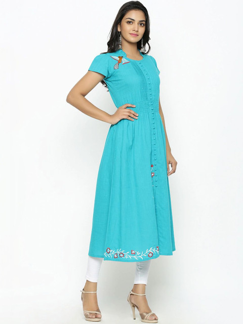 HERE&NOW Women Embroidered Mandarin Collar A-Line Kurta - Image 4