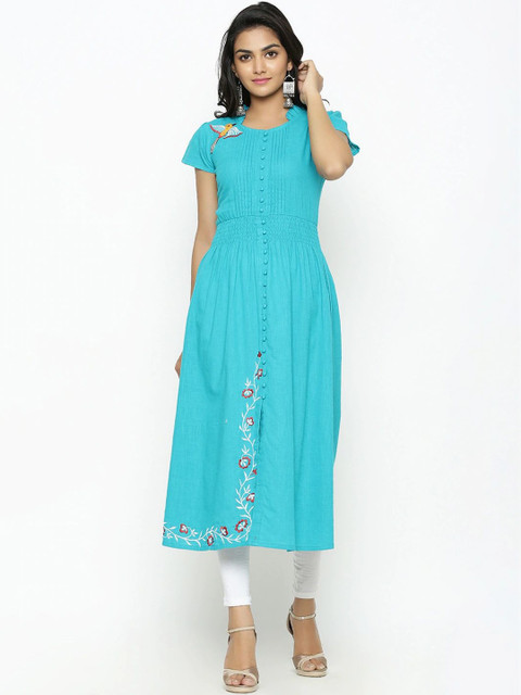 HERE&NOW Women Embroidered Mandarin Collar A-Line Kurta