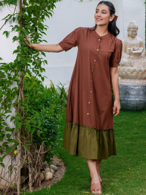 GAYRAA Colourblocked Puff Sleeve A-Line Midi Dress - Image 5