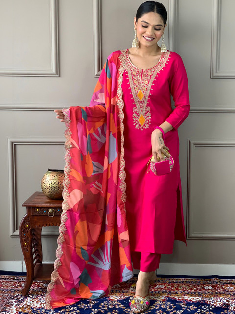 HERE&NOW Women Embroidered Regular Sequinned Kurta with Trousers & With Dupatta - Image 4