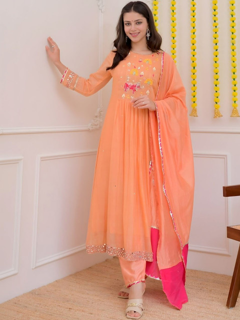 HERE&NOW Women Ethnic Motifs Embroidered Empire Mirror Work Kurta with Trousers & With Dupatta