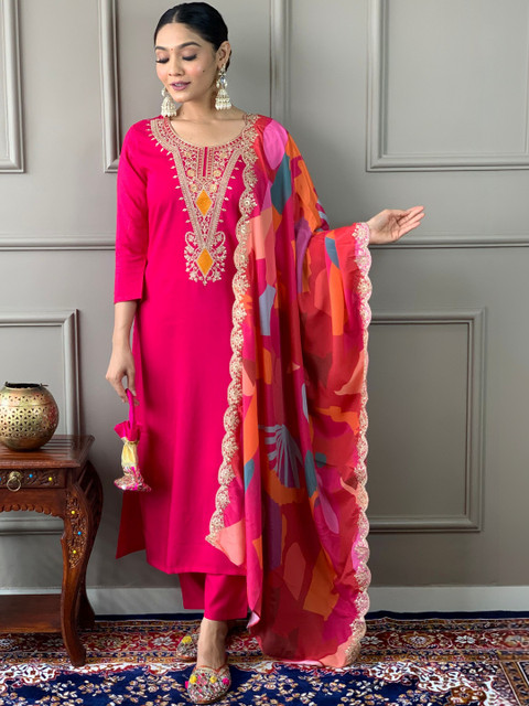 HERE&NOW Women Embroidered Regular Sequinned Kurta with Trousers & With Dupatta
