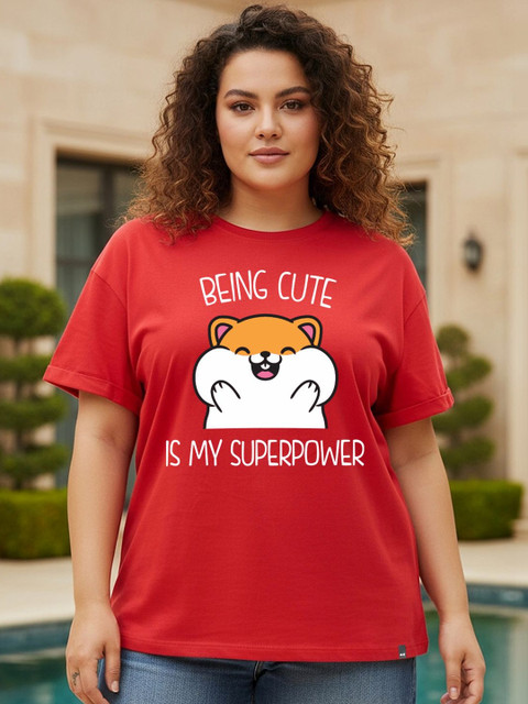 Bewakoof Women Bold Red Being Cute Is My Super Power Printed Boyfriend Plus Size T-shirt