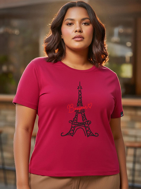 Bewakoof Women Bold Red Bonjour Paris Graphic Printed Plus Size T-shirt