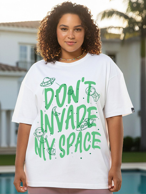 Bewakoof Women White Don't Invade Graphic Printed Oversized Plus Size T-shirt