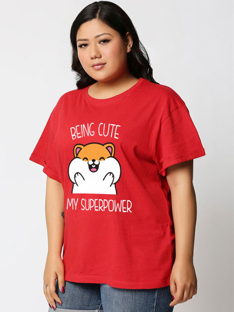 Bewakoof Women Bold Red Being Cute Is My Super Power Printed Boyfriend Plus Size T-shirt - Image 2