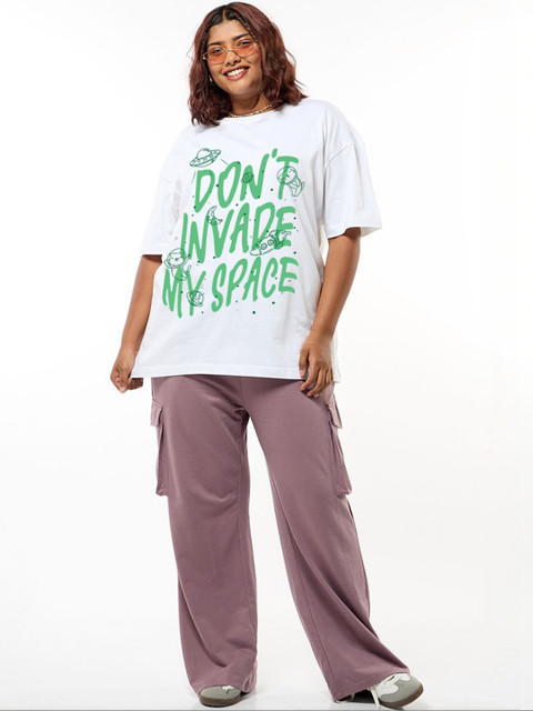 Bewakoof Women White Don't Invade Graphic Printed Oversized Plus Size T-shirt - Image 5