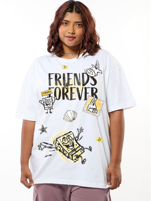 Bewakoof SpongeBob Women White Friends Forever Graphic Printed Oversized Plus Size T-shirt - Image 4