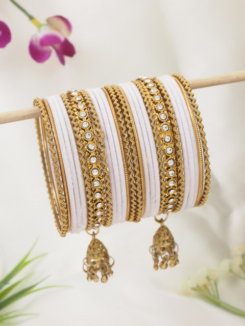 I Jewels Set Of 26 Gold Plated Velvet & Stone-Studded Bangles with Jhumka Danglers