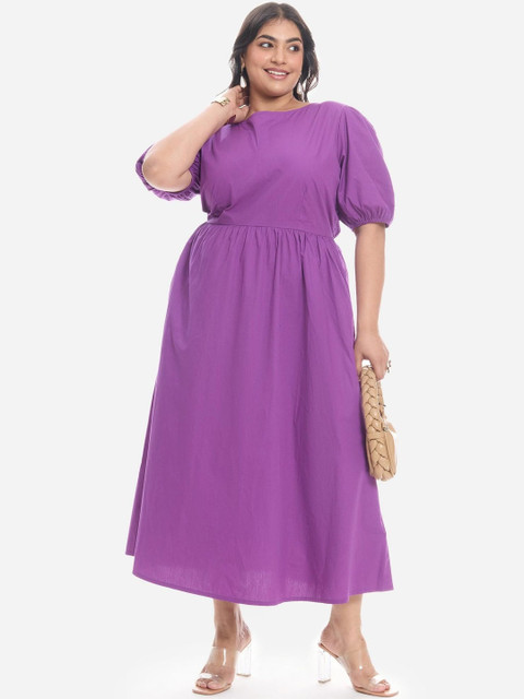 Virgio Women Puff Sleeve Fit & Flare Midi Plus Size Dress