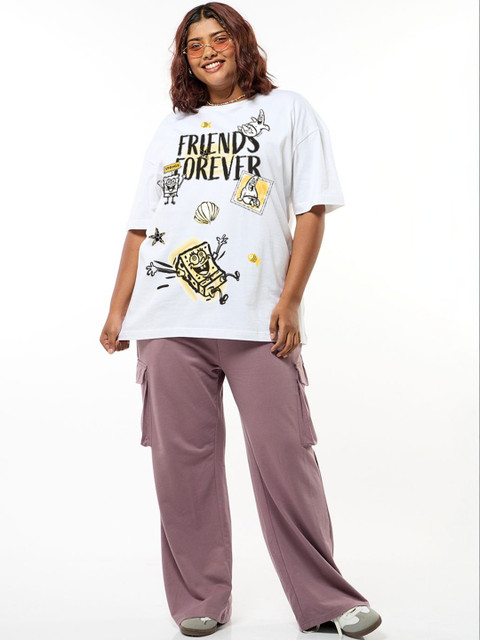 Bewakoof SpongeBob Women White Friends Forever Graphic Printed Oversized Plus Size T-shirt - Image 6