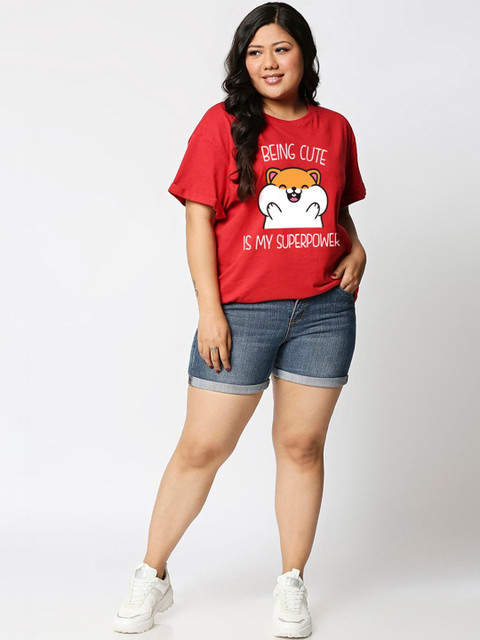 Bewakoof Women Bold Red Being Cute Is My Super Power Printed Boyfriend Plus Size T-shirt - Image 5