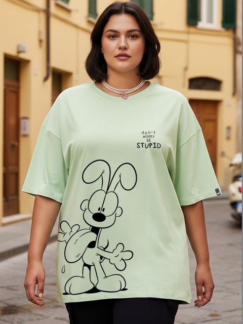 Bewakoof Garfield Women Green Be Stupid Odie Graphic Printed Oversized Plus Size T-shirt
