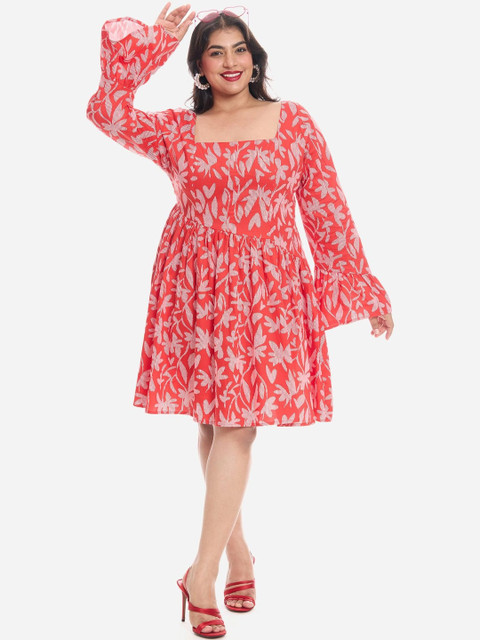Virgio Women Tropical Print Bell Sleeve Fit & Flare Mini Plus Size Dress