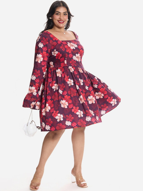 Virgio Women Floral Print Bell Sleeve Fit & Flare Mini Plus Size Dress