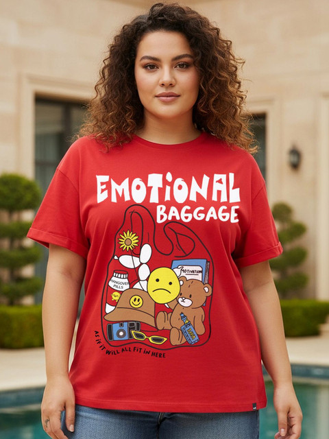 Bewakoof Women Bold Red Emotional Baggage Graphic Printed Boyfriend Plus Size T-shirt