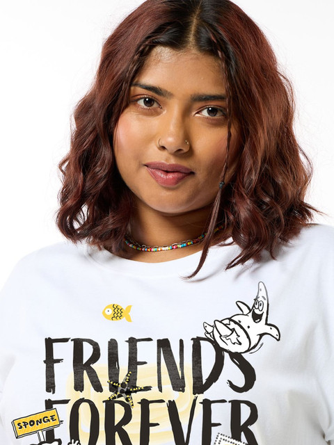 Bewakoof SpongeBob Women White Friends Forever Graphic Printed Oversized Plus Size T-shirt - Image 5