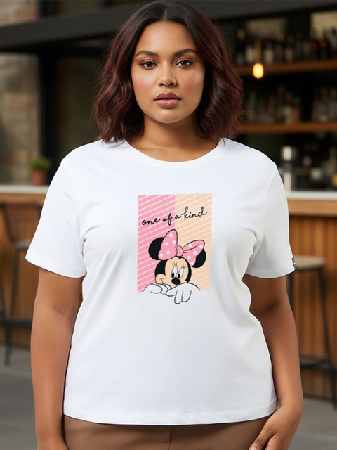 Bewakoof Disney Minnie Women White One of A Kind Graphic Printed Plus Size T-shirt