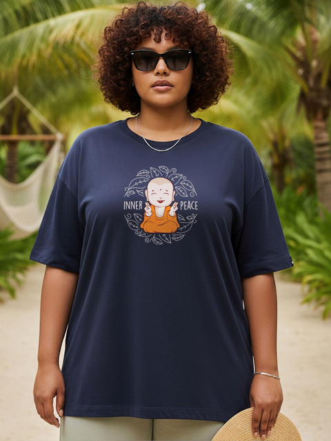 Bewakoof Women Navy Blue Inner Peace Graphic Printed Oversized Plus Size T-shirt