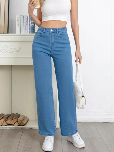 HERE&NOW Women Straight Fit High-Rise Light Fade Stretchable Jeans