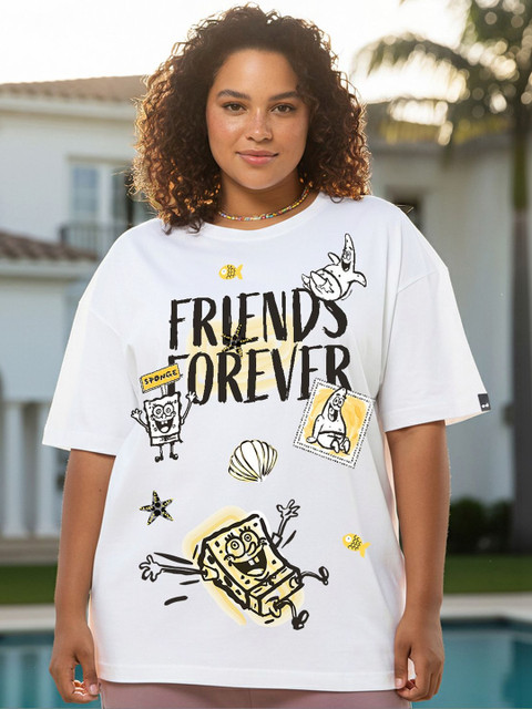 Bewakoof SpongeBob Women White Friends Forever Graphic Printed Oversized Plus Size T-shirt