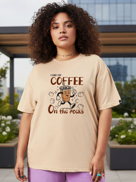 Bewakoof Heavy Duty Women Brown Coffee On The Rocks Printed Oversized Plus Size T-shirt