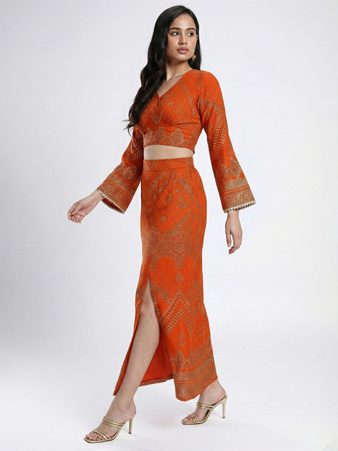 Rust & Gold Embellished V-Neck Co-Ords with Sequined Lace