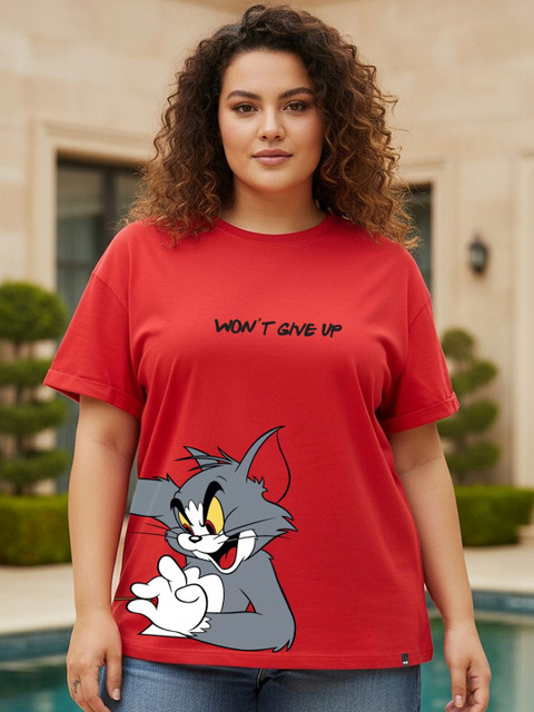 Bewakoof Tom & Jerry Women Bold Red Tom Chase Graphic Printed Boyfriend Plus Size T-shirt