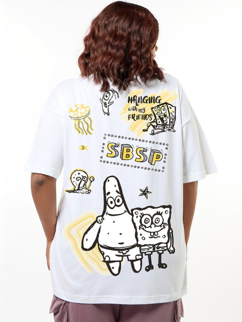 Bewakoof SpongeBob Women White Friends Forever Graphic Printed Oversized Plus Size T-shirt - Image 3