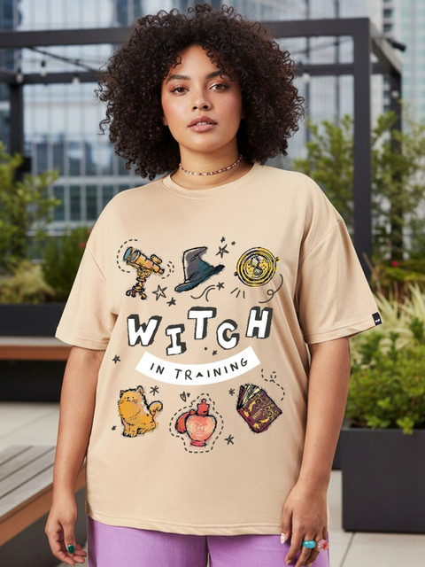 Bewakoof Heavy Duty Witch Women Brown Witch Training Printed Oversized Plus Size T-shirt