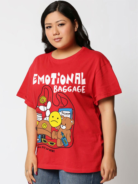 Bewakoof Women Bold Red Emotional Baggage Graphic Printed Boyfriend Plus Size T-shirt - Image 2