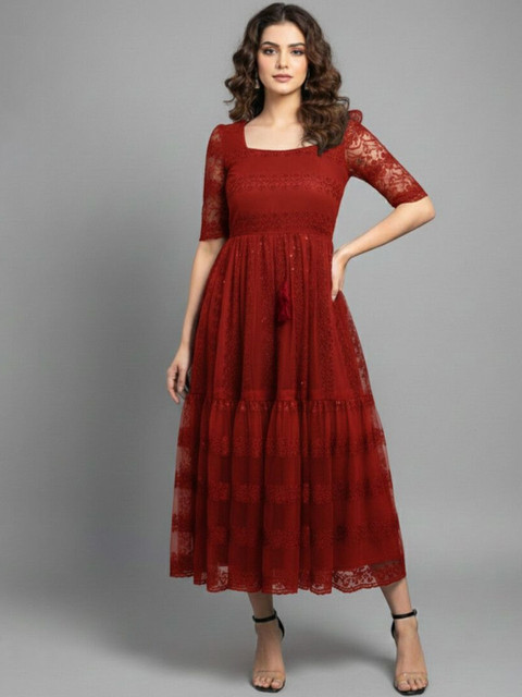 MENSBIT Floral Embroidered Net A-Line Midi Dress