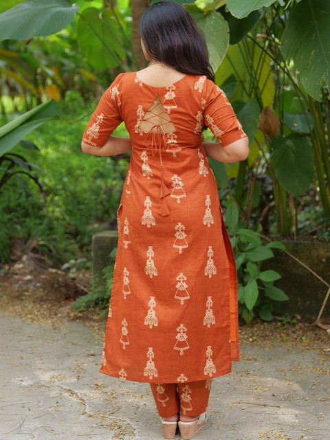 KALINI Women Ethnic Motifs Printed Regular Pure Cotton Kurta with Trousers - Image 5