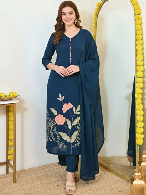 Aaghnya Women Floral Embroidered Regular Kurta with Trousers & With Dupatta