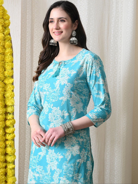 BKApparels Adults-Women Printed Thread Work Floral ZARI Kurta