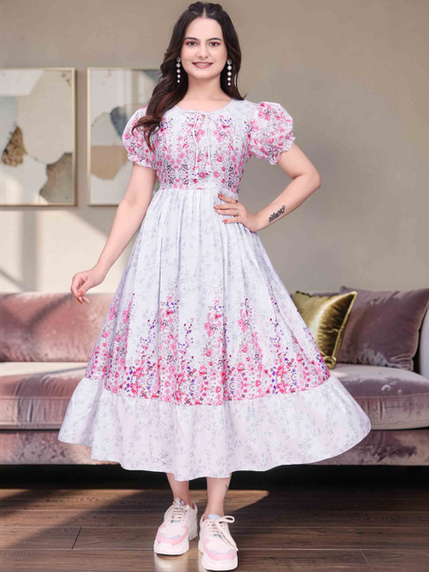 QENA Floral Print Tie-Up Neck Puff Sleeve Fit & Flare Midi Dress